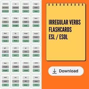 Puede incluir: Tarjetas didácticas educativas para verbos irregulares, diseñadas para estudiantes de ESL y ESOL. Las tarjetas didácticas presentan un bloc de notas amarillo con el título "Irregular Verbs Flashcards ESL/ESOL" y un botón de descarga. Las tarjetas están dispuestas en una cuadrícula.