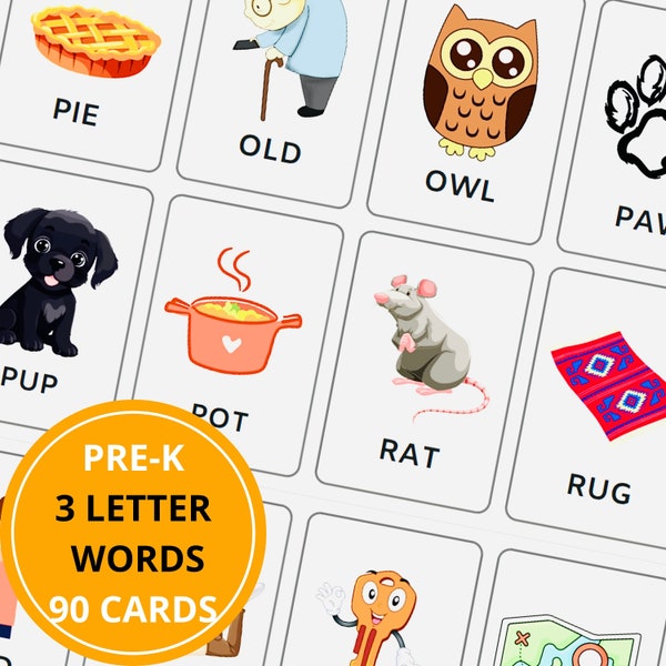 First Words 90 Flashcards Set for Kindergarten 3 Letter Words Three Letter Words Simple Words for Kids Flashcards for Toddlers Grade 1 Cards