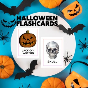 36 Wydrukowanych Strasznych Halloweenowych Fiszek dla dzieci Fiszki na Halloween Fiszki Montessori Fiszki ESL Karty nomenklatury Karty Jesień