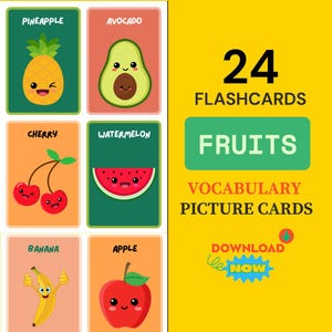 Fruits Flashcards Montessori Preschool Vocabulary Cards Funny Fruits Kindergarten Cards Nomenclature Cards for toddlers Montessori printable