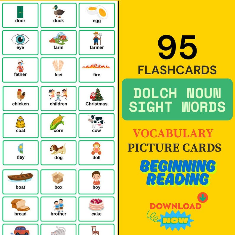 Dolch Noun Sight Words Flashcards With Pictures (PDF) - Etsy