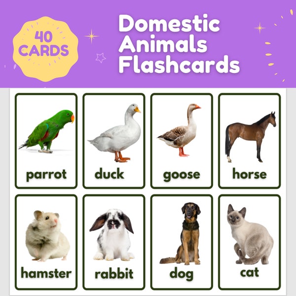 40 Domestic Animals and Birds Flashcards Kids Printable Nomenclature Cards Toddler Activity Montessori Cards Cards for Preschool Homeschool