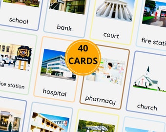 Tarjetas de vocabulario de lugares de la ciudad, vocabulario en inglés, tarjetas Montessori ESOL (descarga digital)