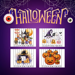 Pode incluir: Quatro quebra-cabeças temáticos de Halloween com os números de 1 a 10 impressos abaixo de cada quebra-cabeça. Os quebra-cabeças apresentam imagens de abóboras, fantasmas, bruxas e uma casa assombrada.