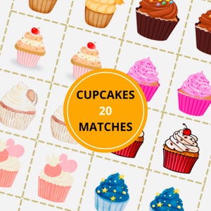 Pode incluir: Um tabuleiro de jogo com 20 imagens de cupcakes para combinar. O tabuleiro tem um círculo amarelo no meio com o texto "CUPCAKES 20 MATCHES".