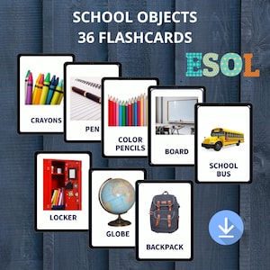 School Objects Flash Cards, ESL School Vocabulary Printable PDF