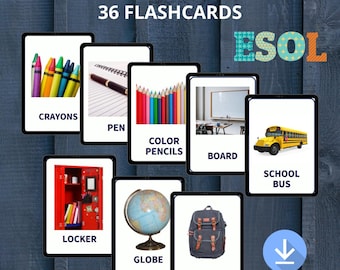 Tarjetas didácticas de objetos escolares, vocabulario escolar para estudiantes de inglés como segunda lengua (ESL) en PDF imprimible