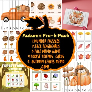 Paquete de actividades de otoño para preescolar, rompecabezas de números de otoño, juego de memoria de otoño, hojas de otoño, tarjetas didácticas de otoño, animales del bosque, tarjetas de plantas del bosque, otoño