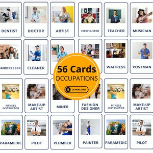 May include: A set of 56 flashcards featuring different occupations. Each card has a photo of a person in a different profession, such as a cook, dentist, doctor, artist, firefighter, teacher, musician, police officer, engineer, hairdresser, cleaner, waitress, postman, scientist, fashion designer, fitness instructor, make-up artist, miner, painter, paramedic, pilot, and plumber. The cards are designed to help children learn about different jobs.