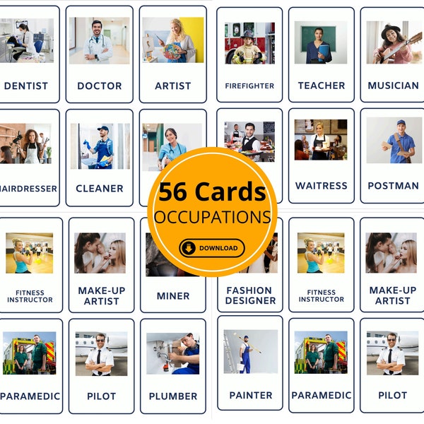PROFESSIONS Flashcards, Jobs Vocabulary for ESOL students, Occupations Nomenclature Cards, Community Helpers Montessori Cards Printable