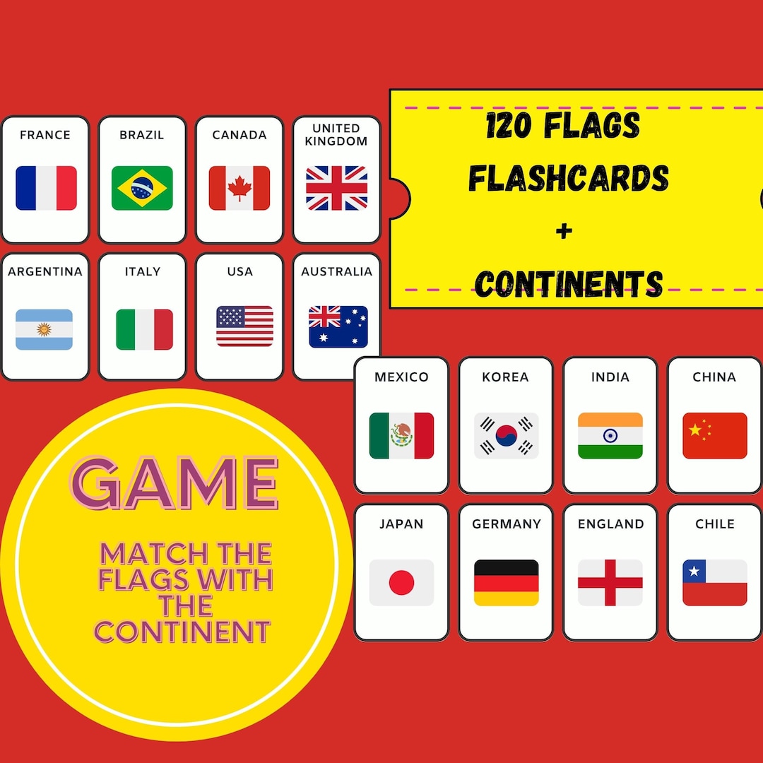 120 Flags Flashcards Game Match the Flag to Continent Montessori