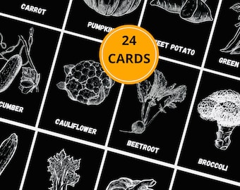 24 Black and White Vegetables Sensory Flashcards Vegetables Flashcards English Flashcards English Vocabulary Vocabulary Flashcards Contrast