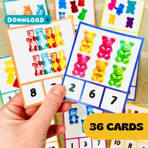 Contagem e recorte de cartões de reconhecimento de números de ursinhos de goma, conjunto de cartões de clipe de jogos de matemática, recursos de aprendizagem de cartões de contagem, matemática de aprendizagem interativa