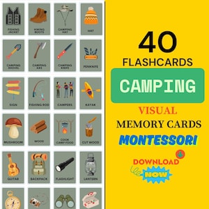 Cartões de acampamento Flash Aventura ao ar livre Cartões visuais para crianças Vocabulário para acampamento/ Cartões de nomenclatura de vocabulário para acampamento ao ar livre Montessori