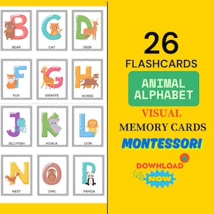 Cartões de alfabeto para crianças pequenas, cartões de alfabeto de animais, cartões de pré-escola, prática de alfabetização pré-escolar, recursos de jardim de infância