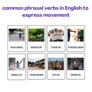 Puede incluir: Una guía visual de verbos frasales comunes en inglés que expresan movimiento. Cada verbo se ilustra con una foto que representa la acción. Los verbos incluyen huir, crecer, rasgar, tirar, despertar, derribar, subir la cremallera y hacer zoom.