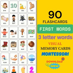 Tarjetas didácticas para aprender a leer en inglés: First Words, recursos de aprendizaje para maestros de preescolar, vocabulario en inglés para alfabetización temprana, aprendizaje de inglés como segundo idioma