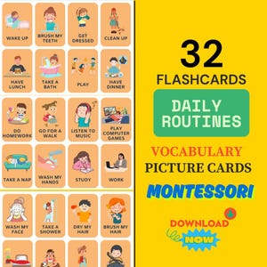 32 cartes-éclair imprimables sur les routines quotidiennes pour enfants Cartes-éclair Montessori Cartes-éclair en anglais Cartes-éclair ESL Cartes de nomenclature à télécharger