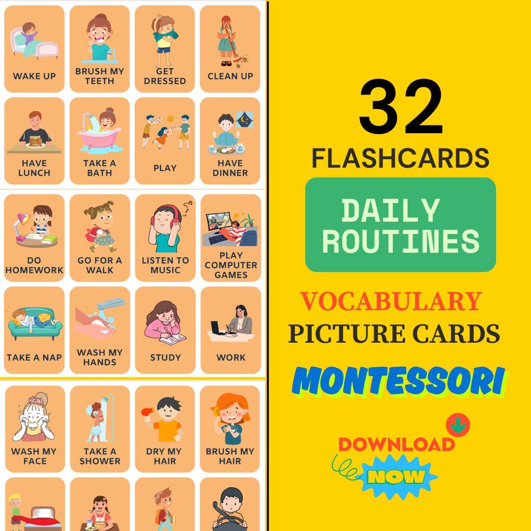 Flash Card Daily Routine Daily Routine Flashcards for Kids, Montessori ESL (printable Download ...
