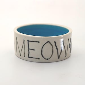Cat water bowl hand painted stoneware MEOW black and white with white interior