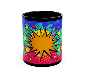 Pop Art Explosion Mug | Black Coffee Cup, Comic Starburst Design