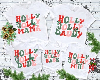 Christmas Matching Family Shirts, Christmas pajamas shirts, Retro Groovy Holly Jolly Mama Tee, Holiday Family Shirts, Christmas custom Tee 2