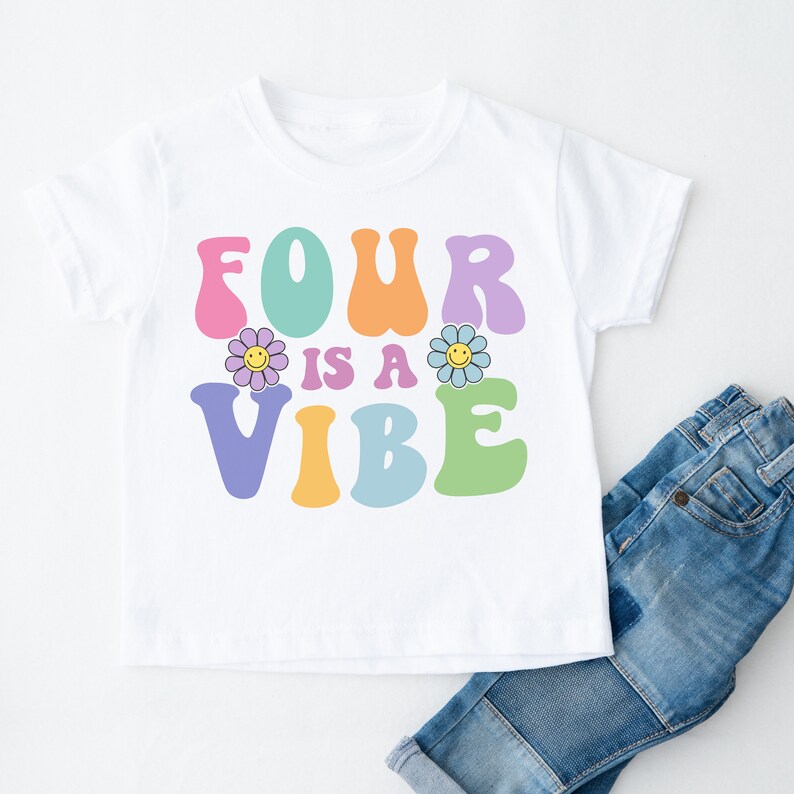 Four is a Vibe Birthday shirt, 4th Birthday Girl shirt, 4th Birthday outfit, Retro Groovy Fourth Birthday tee, Groovy 4TH Birthday party12 White Shirt