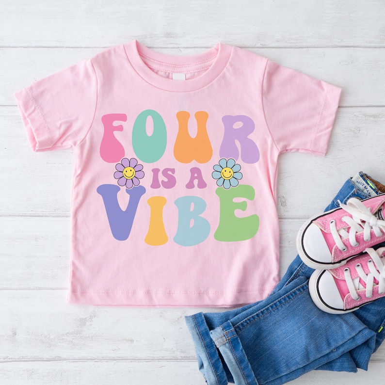 Four is a Vibe Birthday shirt, 4th Birthday Girl shirt, 4th Birthday outfit, Retro Groovy Fourth Birthday tee, Groovy 4TH Birthday party12 Pink Shirt