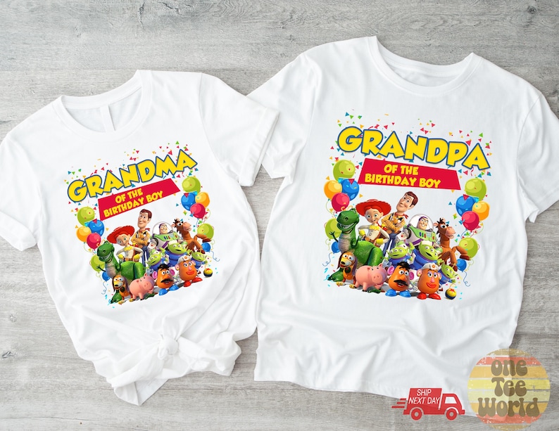 May include: Two white t-shirts with colorful graphics featuring characters from a popular animated movie. One shirt says "Grandma of the Birthday Boy" and the other says "Grandpa of the Birthday Boy".