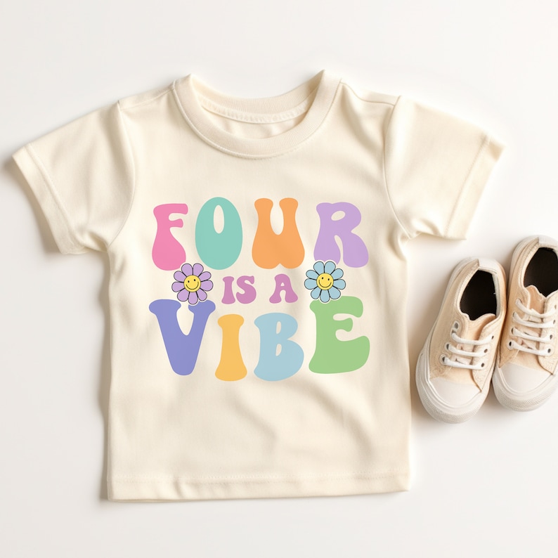 Four is a Vibe Birthday shirt, 4th Birthday Girl shirt, 4th Birthday outfit, Retro Groovy Fourth Birthday tee, Groovy 4TH Birthday party12 Natural Shirt