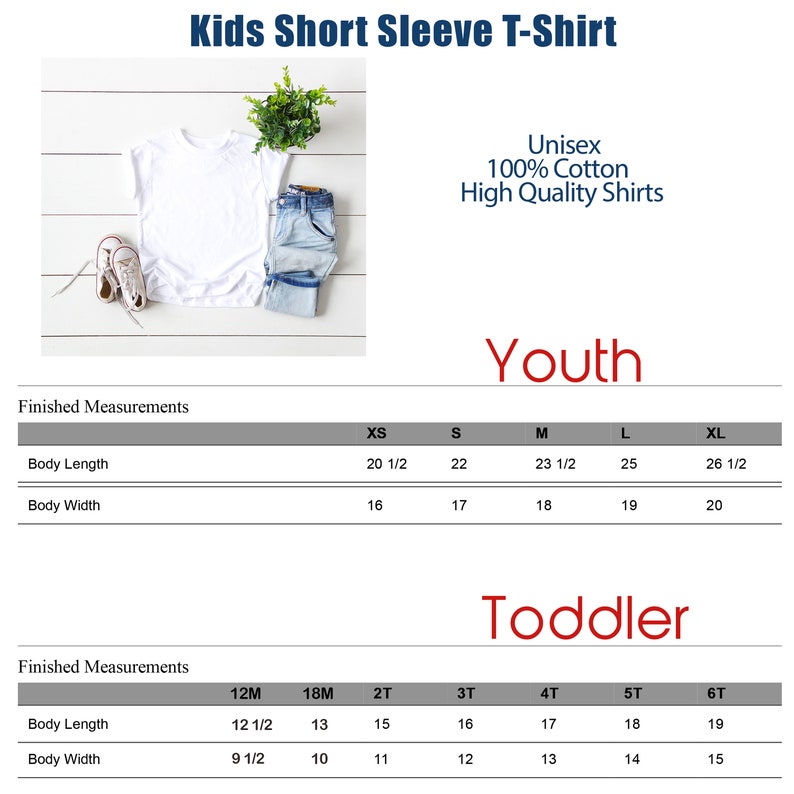 Puede incluir: Una camiseta blanca de manga corta con una tabla de tallas para ni&ntilde;os y beb&eacute;s. La tabla muestra las medidas en pulgadas para la longitud y el ancho del cuerpo.