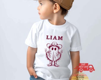 Custom Name Halloween cute Western Ghost Tee, Spooky Season Custom Toddler Shirt, Custom Fall Kids Shirt, Personalized Cowboy Ghost shirt 31