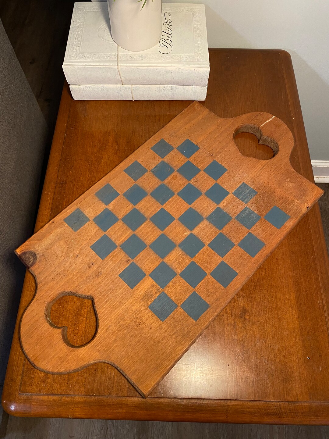 Wood Cutting Board Checkered, Vintage Playing Board, Chess Checkers