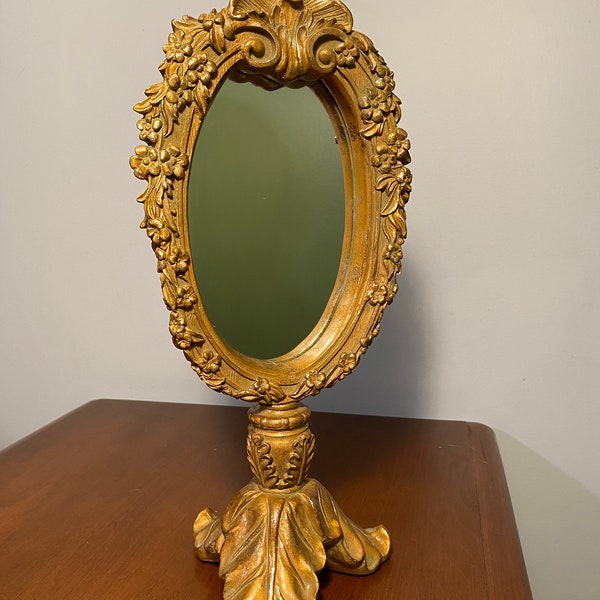 Vintage Gold Standing Mirror, Tall Vintage Mirror, Gold Vanity Mirror, Ornate Oval Gold Bronze Vanity Mirror, Oval Vanity Mirror