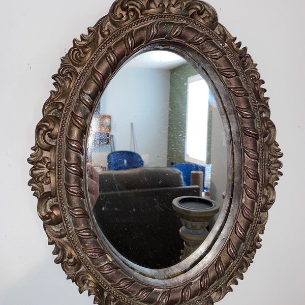 Vintage Large Heavy Ornate Oval Mirror, Dark Academia Oval Mirror, Rustic Wall Hanging, Moody Mirror, Distressed Wall Decor, Scroll Frame