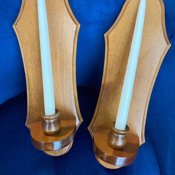 Vintage Pair of Wood Candle Sconces, Wooden Wall Sconce Candlestick Holder, Set of Solid Wood Wall Hanging Sconce, Vintage Wooden Sconce