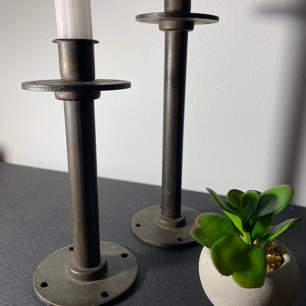 Industrial Pipe Candlestick Holders, Vintage Rustic Candleholders, Different Height Candleholder Set, Earth Toned Decor, Repurposed Vintage