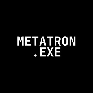 Könnte beinhalten: Eine schwarze quadratische Grafik mit dem weißen Text METATRON in der oberen Zeile und dem Text .EXE in der unteren Zeile, zentriert in einer klaren serifenlosen Schrift. Das Design ist kontrastreich mit weißer Schrift auf schwarzem Grund.