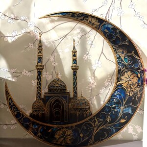 May include: A decorative crescent moon with intricate gold and blue floral designs, featuring a silhouette of a mosque with minarets.