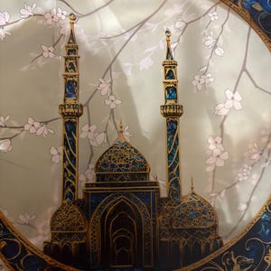 May include: A gold and blue crescent moon with a detailed design, featuring a mosque with two minarets and intricate details. The background is a light green with white flowers.