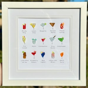 Sea Glass Cocktails art drinks | handmade plastic & painted beach seaglass alcoholic party cocktails in white frame artwork sydney australia