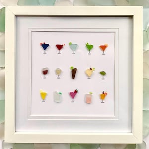 Rainbow Sea Glass Cocktails art drinks | handmade plastic & painted seaglass alcohol wine cocktails in white frame artwork australia