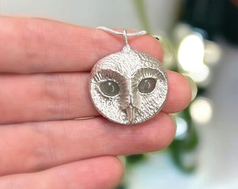 Sterling silver owl pendant with natural Jade stone eyes / Barn owl necklace / Owl Totem