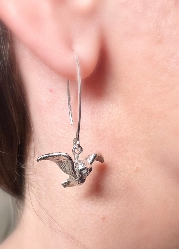 925 Sterling Silver Bird Dove Drop Huggie Hoop Earrings | Factory Direct Jewelry