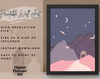 Abstract Night Sky Print, Pink Desert Digital Art Work