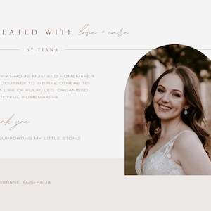 Text notes that the product was created with love at care by a stay-at-home mum and homemaker along with her mission to inspire others. A happy and joyful photo of the owner is included along with a thank you for supporting her store.