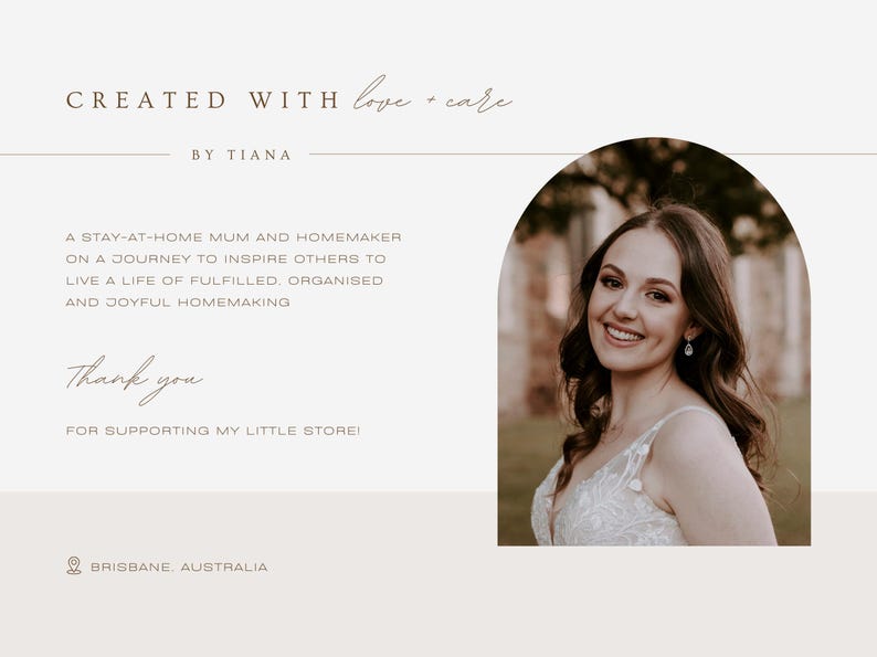 Text notes that the product was created with love at care by a stay-at-home mum and homemaker along with her mission to inspire others. A happy and joyful photo of the owner is included along with a thank you for supporting her store.