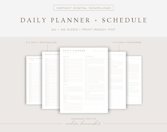 May include: Printable daily planner and schedule templates in A4 and A5 sizes. The image shows three different layouts, including a daily schedule, a daily planner, and a gridded planner.