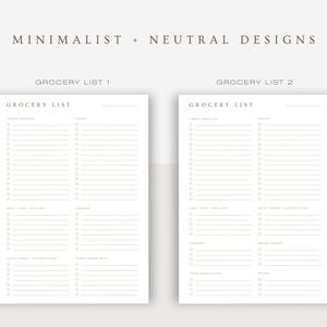 Two grocery list sheets with sections like "Fresh Produce" and "Pantry." Each category has lines with checkboxes for easy listing. Neutral, minimalist design for a simple and organized shopping experience.