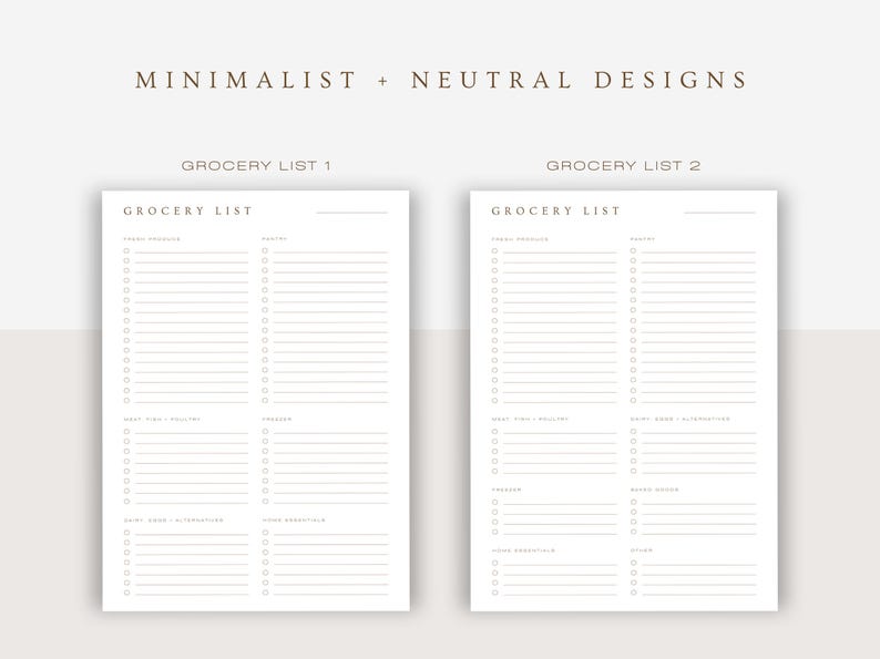 Two grocery list sheets with sections like "Fresh Produce" and "Pantry." Each category has lines with checkboxes for easy listing. Neutral, minimalist design for a simple and organized shopping experience.